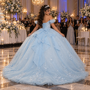 Lsdz023-Pz Charming Powder <b>Blue</b> Cold Shoulder Pleated Cap Sleeve Embroidered Leaf Lace <b>Ball</b> <b>Gown</b> Quinceanera Dress Jancemebr - Product Image 6