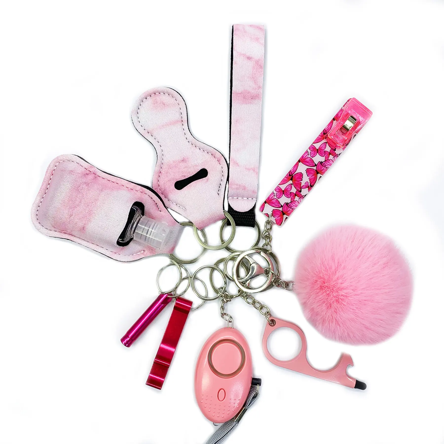 Multi color self defense keychain set pom pom sound alarm lipstick holder whistle door opener bottle opener safety keychain kit
