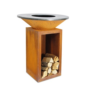 Outdoor Corten Steel Fire Pit BBQ with Wood Storage