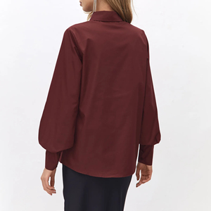 Camicetta da <span class=keywords><strong>donna</strong></span> <span class=keywords><strong>bordeaux</strong></span> vintage con maniche a palloncino e colletto elegante, ideale per l'ufficio e il tempo libero estivo - Offerta imperdibile - Product Image 2