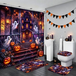 Cortina de Ducha de Poliéster con Diseño de Fantasmas de Casa Embrujada Púrpura, Cortina de Baño con Impresión Digital, Impermeable, Impresión Personalizada, Venta al por Mayor, Moderna - Product Image 1