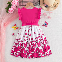 Gaun Anak Model A-Line Gaya Korea Motif Kupu-kupu Musim Panas, Manis, Ukuran Besar dengan Sabuk, Tanpa Lengan, untuk Ulang Tahun, Pengiring Pengantin
