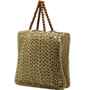 Bolso de playa de malla de ganchillo hueco para mujer, novedad de verano 2025, con asa de cuentas de madera - Product Image 5