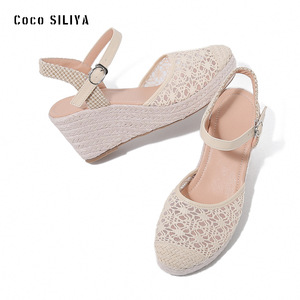 Coco Siliya <b>Wedges</b> Sandals <b>Closed</b> <b>Toe</b> Straw Outsole Buckle Closure Breathable Women's Shoes - Product Image 1