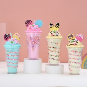 450ml Cute Milkshake Whipped Cream Lid Themed Double Wall Plastic Tumbler with Straw Cookie Bunny Ear & Rainbow Sprinkle - Product Image 1