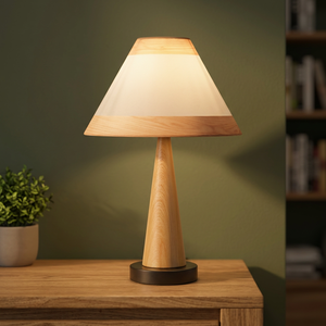 Lámpara de mesa moderna de madera con pantalla tipo pagoda E27 LED blanco cálido 2700K para dormitorio - Product Image 3