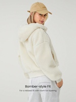 Bomber polaire épaisse pour femmes, veste à capuche avec cordon de serrage ajustable, coupe-vent, ourlet côtelé, avec poches latérales.