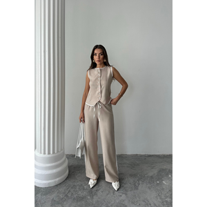 Conjunto de chaleco y pantalón de lino con bordes ribeteados en color beige, conjunto de traje para mujer, talla S - Product Image 4