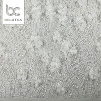 Tissu en dentelle française 2026, tulle blanc à paillettes, broderie florale 3D, tissu en dentelle pour robe de mariée