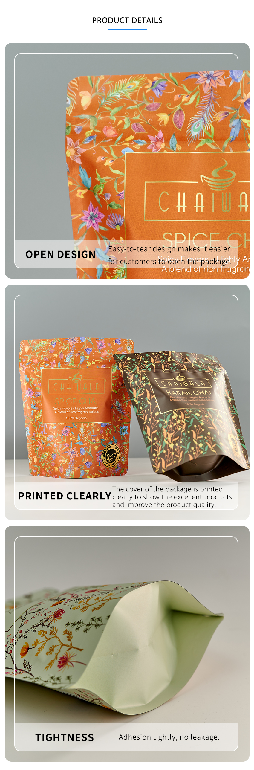 Customized Design And Size Mylar Plastic Tea Packaging Stand Up Bag For Leaves Tea