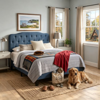 Lit plateforme capitonné bleu marine avec boutons, taille Queen, mobilier de chambre moderne en lin, OEM ODM, vente en gros