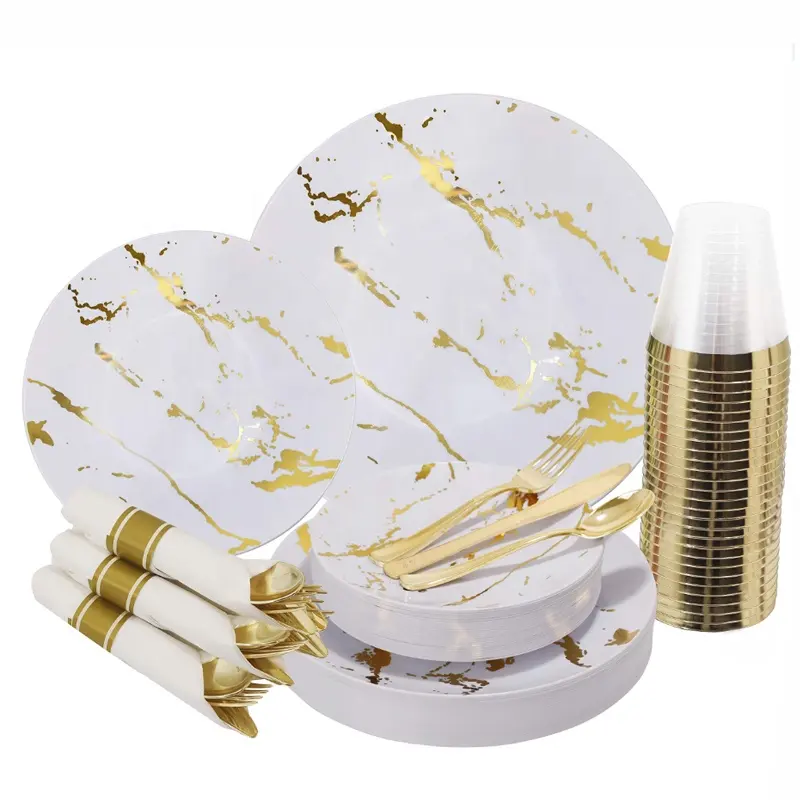 Premium Disposable Gold Plastic Party Plate Heavy Weight Dinner Plastic Plate and Cutlery Set for wedding