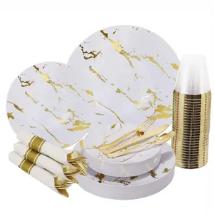 Premium tek kullanımlık altın plastik parti tabağı ağır yemek plastik tabak ve çatal bıçak kaşık seti düğün için