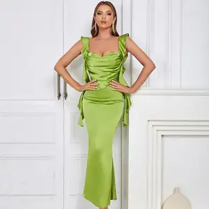 意大利面条带女式Midi连衣裙绿色缎子性感露背女士派对裙