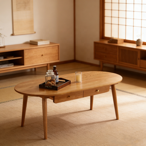 Mesa de Centro Ovalada Moderna con 2 Cajones, Mesa de Madera Sólida para Sala de Estar u Oficina, Muebles Minimalistas en Stock - Product Image 1