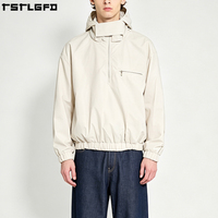 Veste coupe-vent en popeline cirée OEM/ODM, tissu technique, couleur crème pierre, demi-zip, à capuche, style streetwear minimaliste, vente en gros