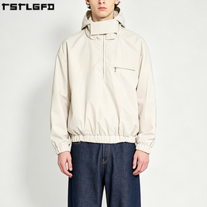 Veste coupe-vent en popeline cirée OEM/ODM, tissu technique, couleur crème pierre, demi-zip, à capuche, style streetwear minimaliste, vente en gros - Product Image 1