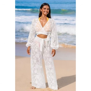 The New Product Is White Wide-legged Beach <b>Sunscreen</b> Long-sleeved V-neck Breathable Cinched Waist Tie and Slimmed - Product Image 4