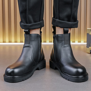 Zapatos de Cuero Negro de Color Sólido, Tendencia 2026, para Hombre, Botas Retro de Caña Alta con Suela Gruesa, Tallas Grandes - Product Image 3