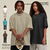 Kaos Pria Kaos Heavyweight Kaos Oversize 425g Katun Murni Retro O-Neck Atasan Lengan Pendek Baju Streetwear Musim Panas