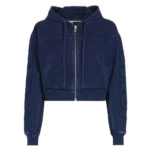 Hoodie en jean court zippé personnalisé pour fille, avec logo imprimé en relief, effet vieilli, épaules tombantes, style streetwear, survêtement - Product Image 1