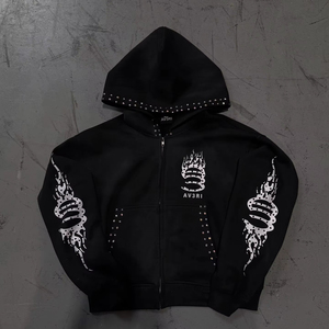 Biểu tượng tùy chỉnh màn hình in DTG axit cổ điển rửa phun trắng bẩn rửa sạch đầy đủ Zip Up Rhinestone Tracksuit - Product Image 2