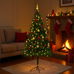 Sapin de Noël artificiel vert de 1,80 m pré-éclairé avec boules et lumières LED blanc chaud, base autoportante pour intérieur - Product Image 2