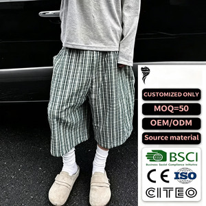 Top Selling <b>Men</b> Baggy Wide Leg Plaid Cropped <b>Shorts</b> Green <b>Check</b> Loose Fit Elastic Waist Casual 7/8 Capri Streetwear - Product Image 1