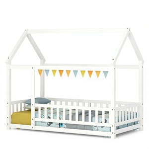 <span class=keywords><strong>Letto</strong></span> <span class=keywords><strong>Montessori</strong></span> in Legno per Bambini, Design a Forma di Casa con Tetto e Recinzione, Senza Doghe, in Pino Bianco, per Ragazzi e Ragazze - Product Image 1