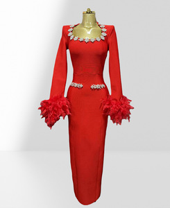 Vestido de lentejuelas de lujo con mangas de plumas y corsé ajustado para fiestas de moda europea, vestido bandage para mujer - Product Image 1