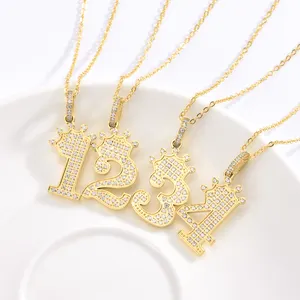Custom 18k Gold Plated Hop Stainless Steel Chain Zircon Number Pendant Crown Initial number Necklace With Initials
