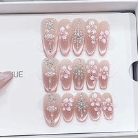 Qy Faux Ongles à Presser Faits Main, Motif Fleur de Pêcher Peint à la Main, Effet Œil de Chat, Zirconium, 10 Pièces, Ongles Acryliques Longs Ovale Ballerine, Vente en Gros