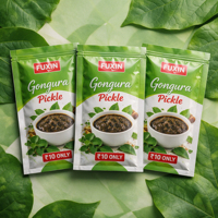Sachet personnalisé à trois soudures latérales en plastique laminé de qualité alimentaire pour cornichons, citrons, mangues, piments et gongura