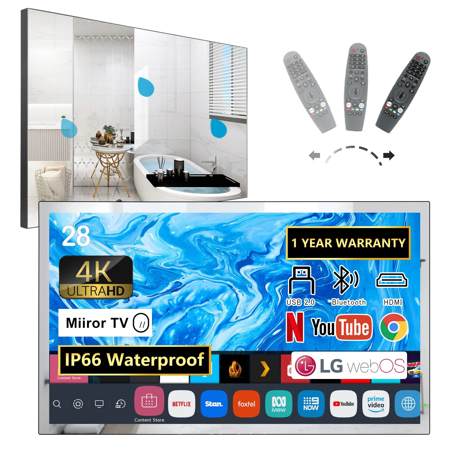 28 Inches 3840x2160 High Resolution 4K Mirror Bathroom TV Waterproof Smart Television WebOS System Streaming APPs Alexa Control