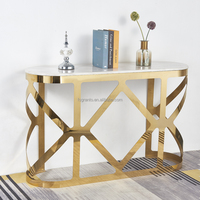 Table console de luxe nordique moderne haut de gamme pour hall d'entrée, base en métal doré, plateau en marbre blanc, idéale pour les couloirs d'hôtel