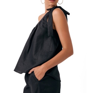 Hot Sales Summer Essential Women Linen Tops Resort Style One Shoulder <b>Tie</b> Detail Elastic <b>Back</b> Tank Top - Product Image 4