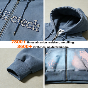 เสื้อฮู้ดดี้แฟชั่นสตรีทแวร์แบบสั่งทำพิเศษ 400gsm ประดับตัวอักษรด้วยคริสตัล ผ้าฝ้าย 100% ทรงบ็อกซี่ฟิต ลุคซักฟอกแบบดิสเทรส ซิปหน้า สำหรับผู้ชาย เป็นมิตรต่อสิ่งแวดล้อม - Product Image 2