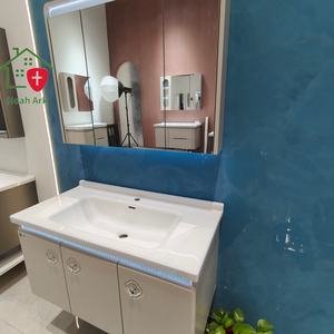 Mueble de Baño Blanco Estilo Francés, Gabinete de Tres Puertas, Tablero de Melamina con Acabado Lacado, Espejo de Pared, Lavabo de Cerámica Azul - Product Image 5