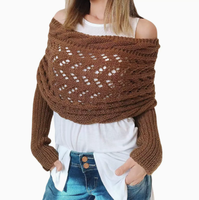 Châle long en tricot ajouré pour femme, idéal automne-hiver, avec double manche allongée, accessoire de mode