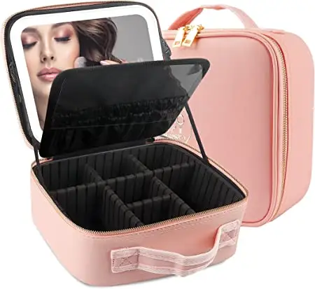 Makeup Bag Travel Makeup Train Case Cosmetic Bag Organizer Portable Artist Beauty Bag with Mirror and Light