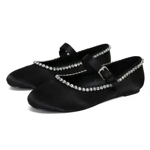 High quality mary jane rhinestone round toe silk fabric flat shoes for women fashion ladies slippers shoes