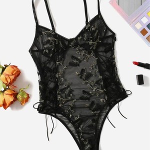 New European and American style women's tie-up water-soluble embroidered flower <b>bodysuit</b> with U-<b>shaped</b> back, see-through sexy - Product Image 2