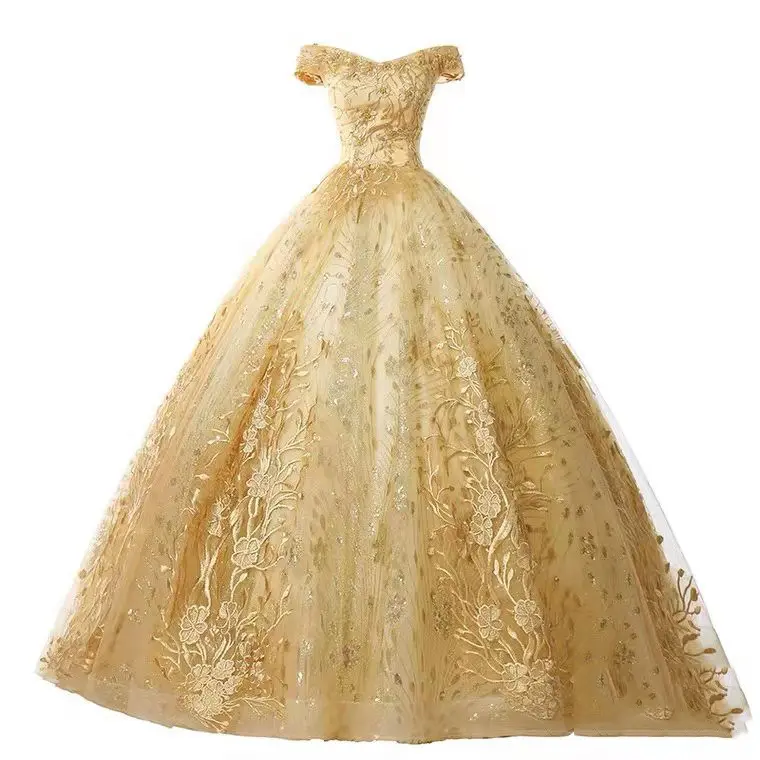 New Designs Off Shoulder Gold Ball Gown Wedding Dresses Luxury Lace Up Flower Embroidered Banquet Evening Party Dress