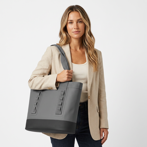 Gray Neoprene Insulated Tote Bag Large Size Functional Shopping Carryall With Top Handle For Groceries Travel Beach Camping - Product Image 6