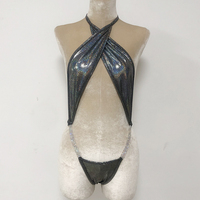 Haut de Bikini Chaîne Argentée à Strass AB Blanc Une Pièce Grande Quantité, Tenues de Strip-Teaseuse Sexy, Body et String pour Femmes, Vêtements de Danse Exotiques