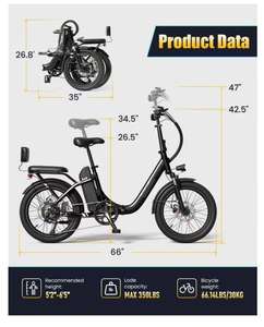 دراجة كهربائية قابلة للطي بإطارات سميكة 20 بوصة، 7 سرعات، شوكة تعليق من الألومنيوم، للمدينة، للأطفال والنساء، محرك خلفي، فرامل قرصية - Product Image 6