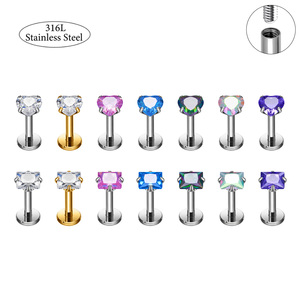Orecchini a perno a forma di cuore quadrato in acciaio inossidabile 316L con zirconi CZ, piercing per labret e trago con filettatura interna, gioielli alla moda per il corpo - Product Image 1
