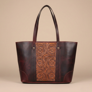 Embossed Hand Tool Leather Vintage Casual Tote Handbag Two Straps Large Capacity Floral Pattern Shoulder Bag for Daily Commuting - Product Image 1