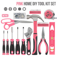 Juego de Herramientas Manuales de Acero al Cromo Vanadio de 67 Piezas, Color Rosa, con Llave Inglesa Ajustable, Destornilladores, Martillo, Alicates, Tijeras, Estuche Rígido, Garantía de 3 Años