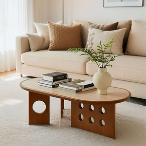 <b>Retro</b> Solid Wood Coffee <b>Table</b> With Perforated Design For Living Room Home Minimalist Style - Product Image 3